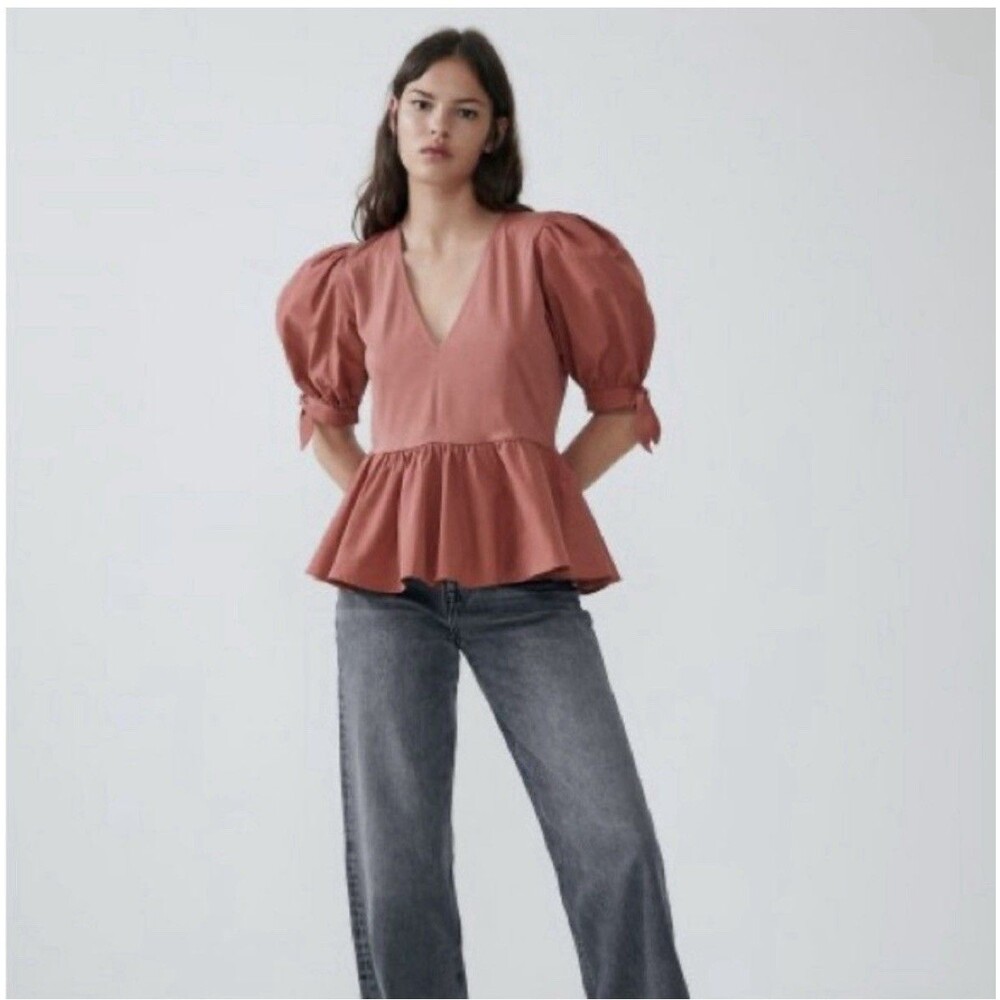 Zara Pink Bell Sleeve Tie Peplum Blouse 100% Cotton Women's Size Medium EUC - Picture 2 of 13